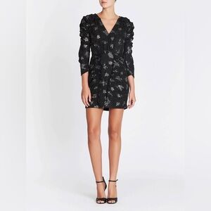 Rebecca Taylor Jaquard Black and Silver Floral Long Sleeve Dress NWT